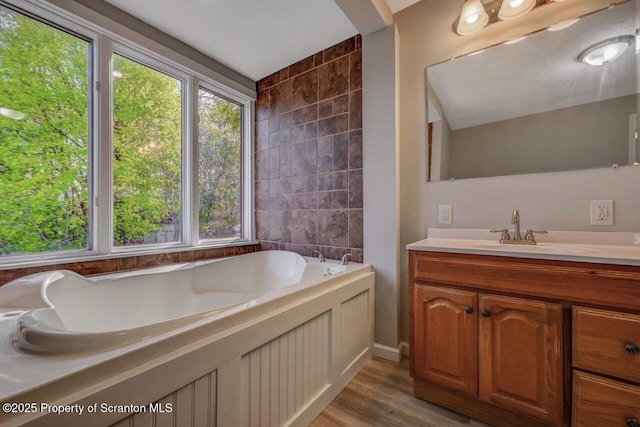 bathroom with vanity, a garden tub, and wood finished floors