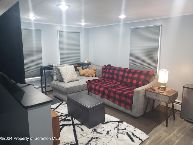 living room featuring crown molding, hardwood / wood-style floors, and a baseboard heating unit