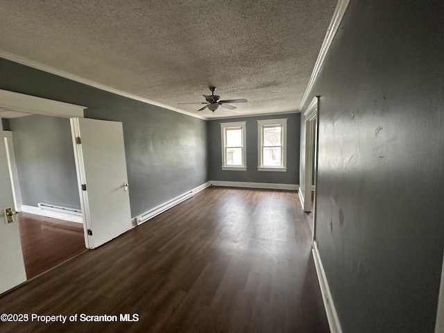 1518 Vine St, Scranton, PA 18510 - empty room featuring ornamental molding, baseboard heating, wood finished floors, a ceiling fan, and a textured ceiling