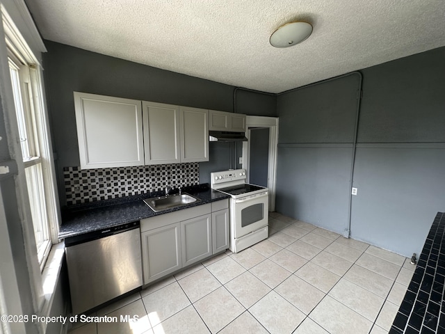 1518 Vine St, Scranton, PA 18510 - kitchen featuring dishwasher, white electric range, a sink, under cabinet range hood, and dark countertops