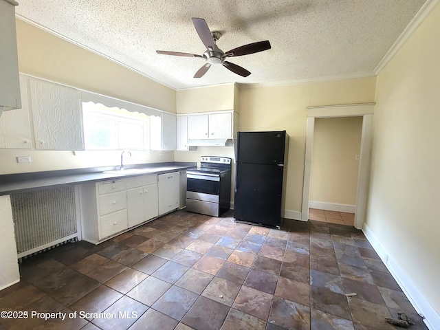 1518 Vine St, Scranton, PA 18510 - kitchen with freestanding refrigerator, stainless steel electric stove, a sink, dishwasher, and crown molding