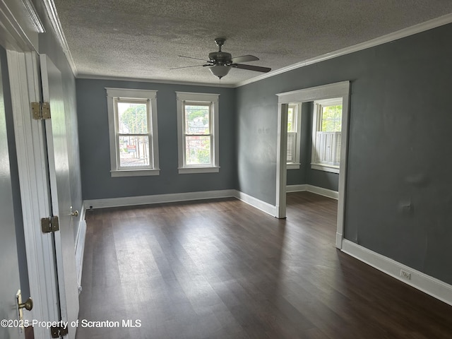1518 Vine St, Scranton, PA 18510 - unfurnished room with crown molding, a textured ceiling, dark wood-style floors, a ceiling fan, and baseboards