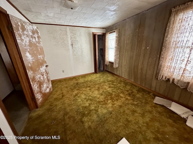 carpeted spare room featuring crown molding, wooden walls, and baseboards