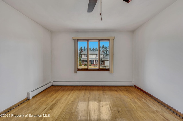 empty room with light hardwood / wood-style flooring and ceiling fan