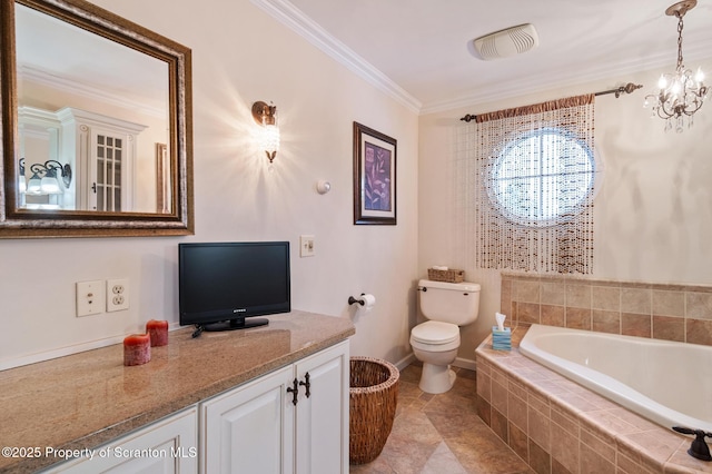 bathroom with toilet, crown molding, tiled tub, vanity, and a notable chandelier