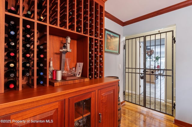 wine room with ornamental molding and light wood-type flooring