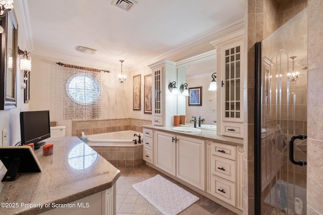 bathroom with shower with separate bathtub, tile patterned flooring, ornamental molding, vanity, and an inviting chandelier