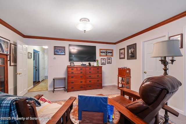 carpeted living room with ornamental molding