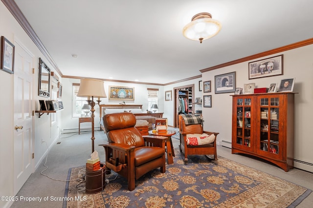 living area with a baseboard radiator, carpet flooring, and ornamental molding