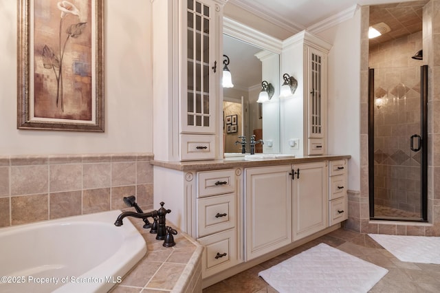 bathroom featuring vanity, crown molding, tile patterned floors, and plus walk in shower