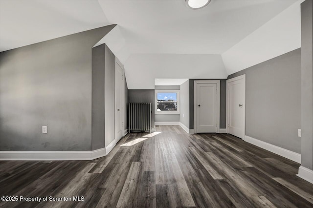 interior space featuring baseboards, vaulted ceiling, and dark wood-type flooring