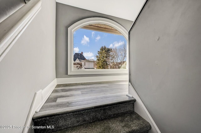 stairs with baseboards and wood finished floors