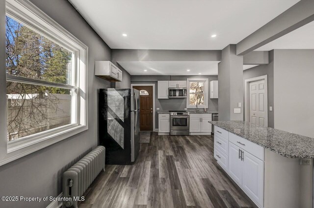 kitchen with light stone counters, dark wood finished floors, radiator heating unit, appliances with stainless steel finishes, and white cabinets