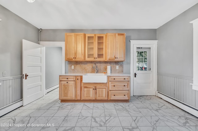 100 Short St, Edwardsville, PA 18704 - kitchen with tasteful backsplash, sink, a baseboard radiator, and light brown cabinets