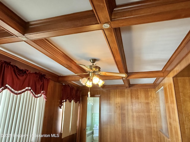 room details with coffered ceiling, ceiling fan, beamed ceiling, and wood walls