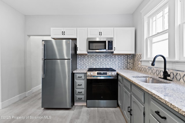 kitchen with sink, gray cabinets, white cabinets, and stainless steel appliances