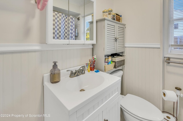 bathroom featuring vanity, toilet, and walk in shower