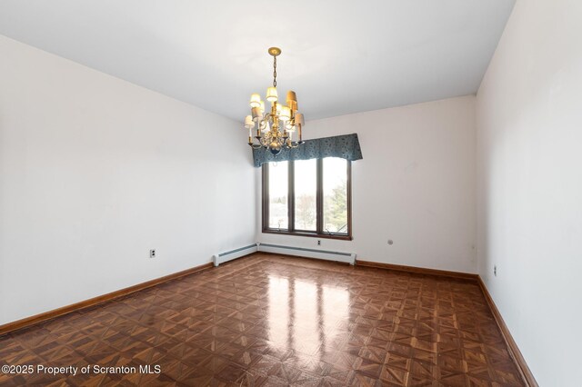 unfurnished room with baseboards, baseboard heating, and an inviting chandelier