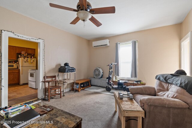 347 Orchard St, Old Forge, PA 18518 - living area featuring a wall unit AC, ceiling fan, carpet flooring, and radiator heating unit
