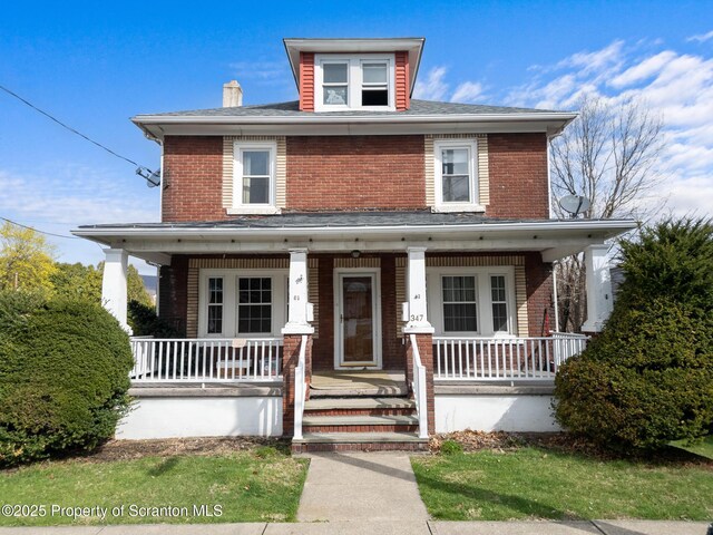 347 Orchard St, Old Forge, PA 18518 - american foursquare style home with brick siding, covered porch, and a chimney