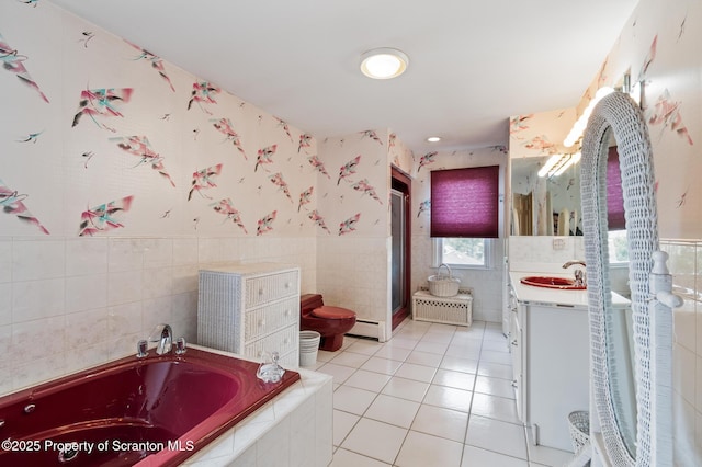 347 Orchard St, Old Forge, PA 18518 - full bath featuring vanity, tile patterned flooring, a wainscoted wall, a baseboard heating unit, and wallpapered walls