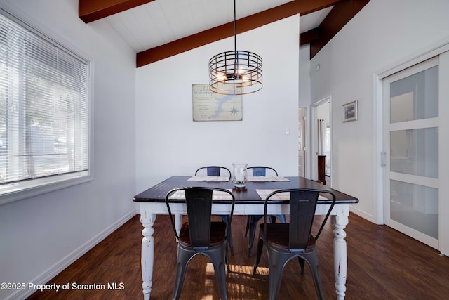 dining area featuring an inviting chandelier, dark hardwood / wood-style flooring, and vaulted ceiling with beams