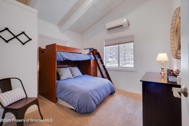 carpeted bedroom with a wall mounted air conditioner, lofted ceiling with beams, and wooden ceiling