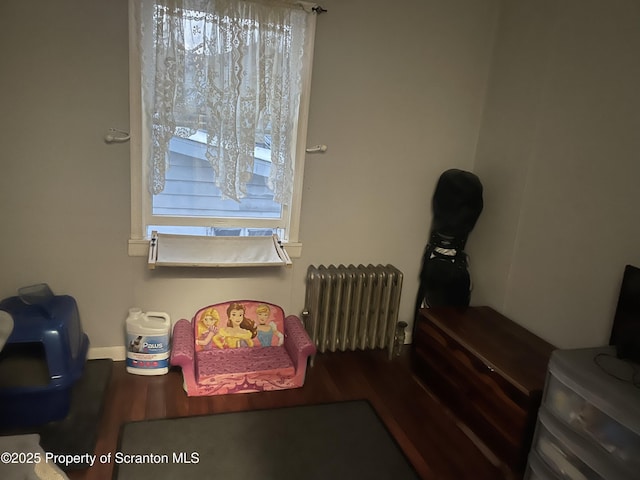 bedroom with hardwood / wood-style flooring and radiator