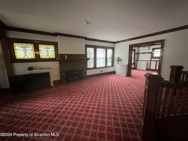 carpeted living room featuring crown molding