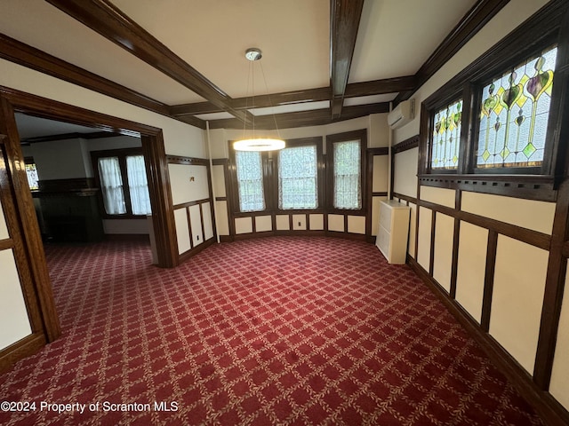 unfurnished sunroom featuring a wall mounted air conditioner, beam ceiling, and coffered ceiling