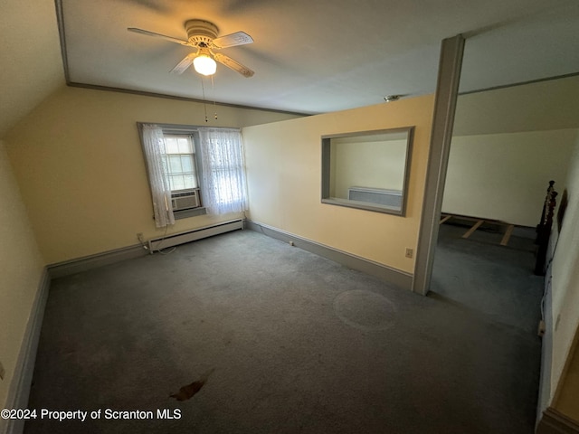 carpeted spare room featuring crown molding, ceiling fan, a baseboard radiator, and lofted ceiling