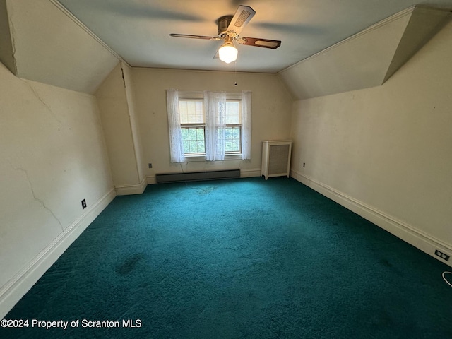 bonus room with ceiling fan, carpet, a baseboard radiator, and vaulted ceiling