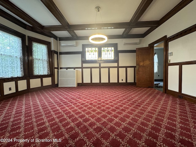 basement with carpet flooring and a wall unit AC