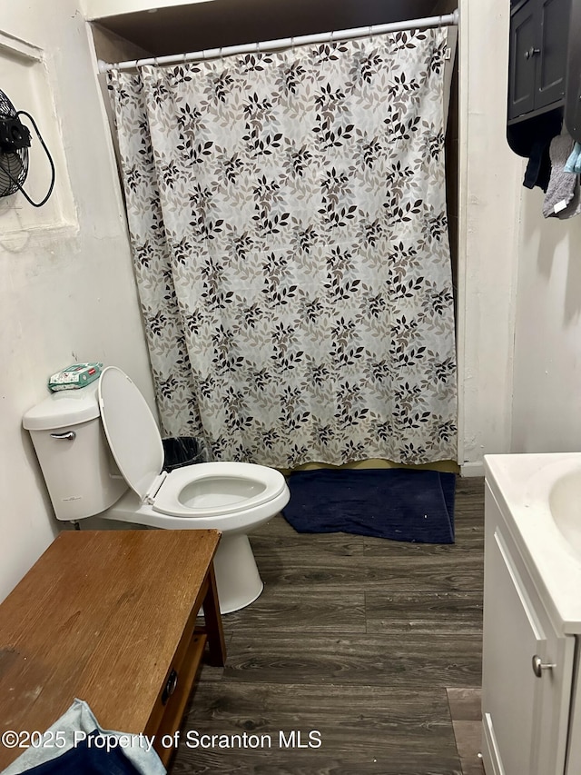 bathroom with vanity, hardwood / wood-style floors, and toilet