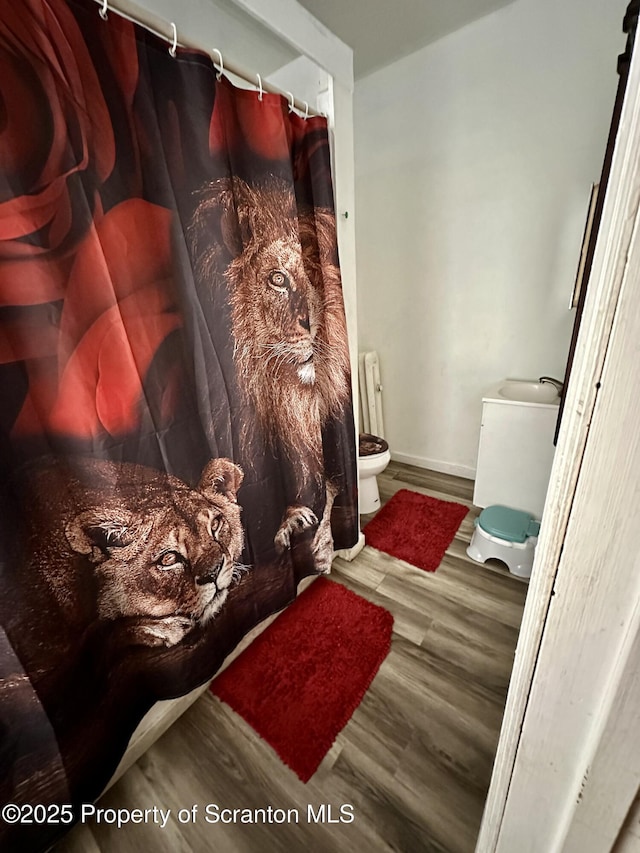 bathroom featuring hardwood / wood-style flooring and toilet