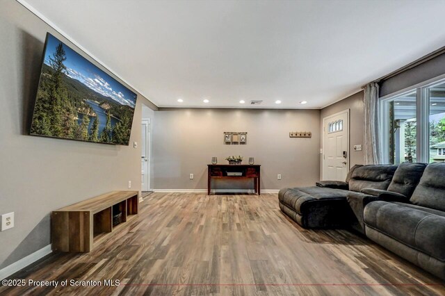 living room with wood finished floors, baseboards, and recessed lighting