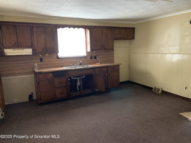 kitchen featuring crown molding, visible vents, a sink, dark brown cabinetry, and under cabinet range hood