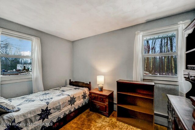 bedroom featuring dark carpet