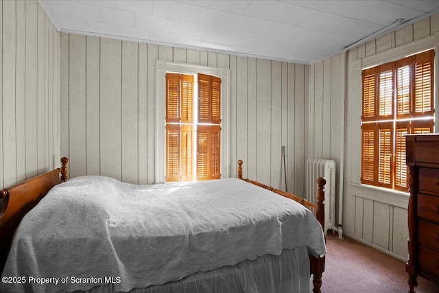 126 Crown Ave, Scranton, PA 18505 - bedroom with radiator, carpet, and wood walls
