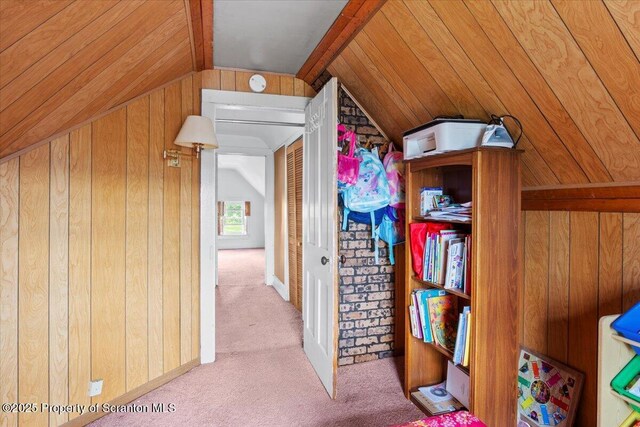 126 Crown Ave, Scranton, PA 18505 - corridor featuring carpet flooring, vaulted ceiling, and wood walls