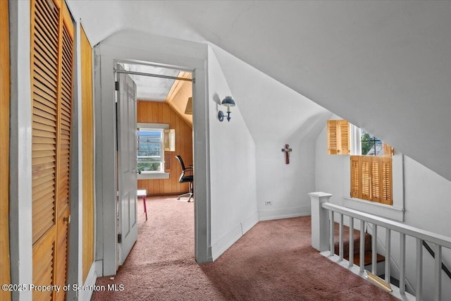 126 Crown Ave, Scranton, PA 18505 - corridor featuring vaulted ceiling, carpet floors, and an upstairs landing