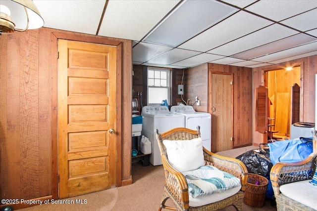 126 Crown Ave, Scranton, PA 18505 - sitting room with independent washer and dryer, a paneled ceiling, wood walls, and carpet