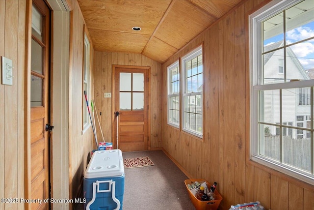 126 Crown Ave, Scranton, PA 18505 - doorway to outside featuring vaulted ceiling, wood walls, carpet flooring, and wood ceiling