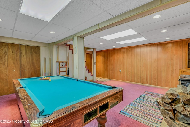 308 Melrose Ave, Clarks Summit, PA 18411 - recreation room featuring carpet flooring, pool table, a drop ceiling, wood walls, and recessed lighting