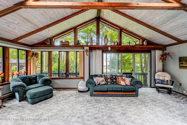 living room featuring carpet, beam ceiling, and high vaulted ceiling