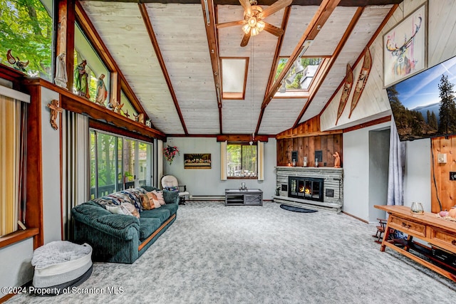 living room with a skylight, ceiling fan, beam ceiling, carpet floors, and wood walls