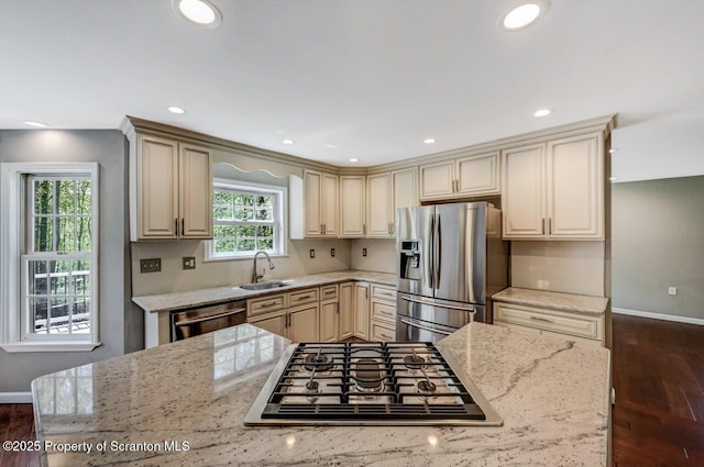 27 Emerson Dr, Moosic, PA 18507 - kitchen with appliances with stainless steel finishes, baseboards, dark wood-style flooring, a sink, and light stone countertops