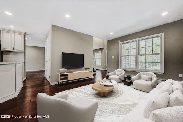 27 Emerson Dr, Moosic, PA 18507 - living area with dark wood-type flooring, recessed lighting, baseboards, and a baseboard heating unit