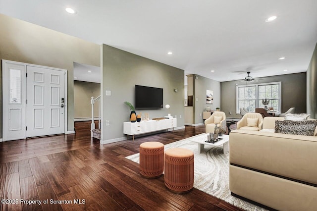 27 Emerson Dr, Moosic, PA 18507 - living area featuring a baseboard heating unit, wood finished floors, ceiling fan, recessed lighting, and baseboards