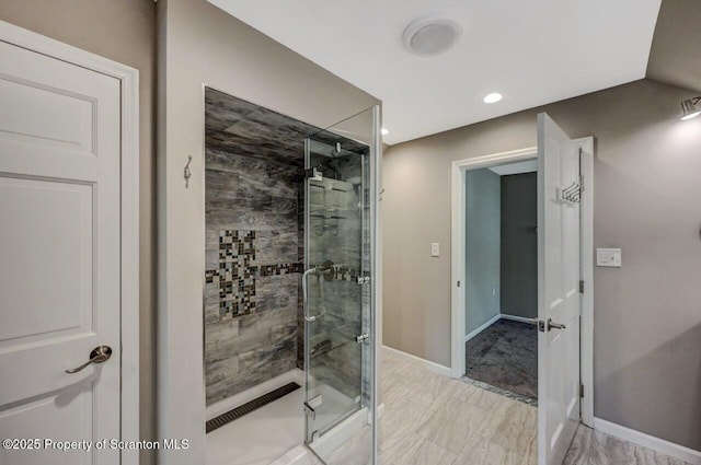 27 Emerson Dr, Moosic, PA 18507 - full bathroom featuring a stall shower, marble look tile flooring, baseboards, and recessed lighting
